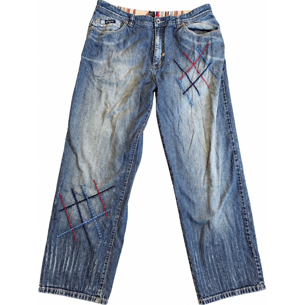 Enyce Vintage Baggy Jeans Mens 38x34 Blue Denim Embroidered Y2K Hip Hop Wide Leg